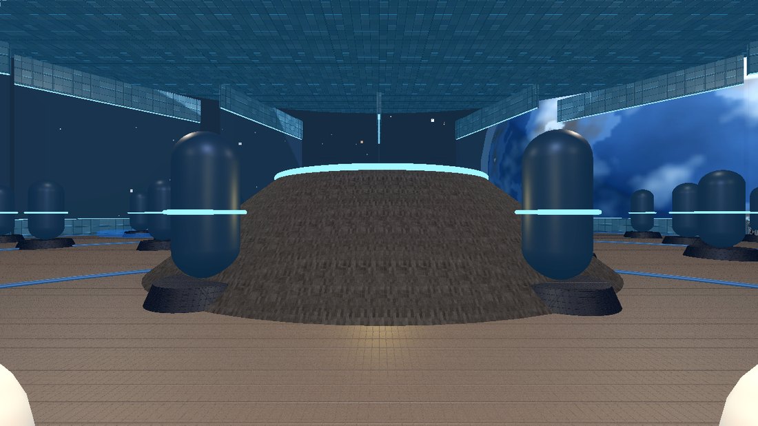 cryo bay interior with PBR decks, sleep pods and a planet through the glazing