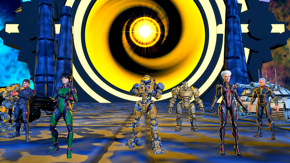 The Prism cast at the First Portal — humanoids, a mech and war vehicles before the gate