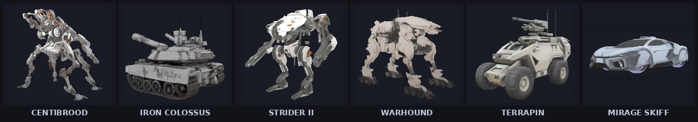 six forged ground vehicles — walker, tank, strider, warhound, scout car, skiff