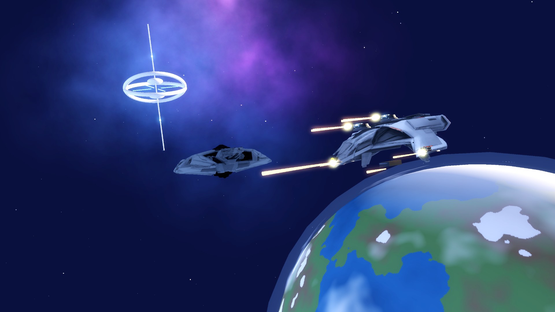 a warship opening fire over a living planet, escort and starbase behind