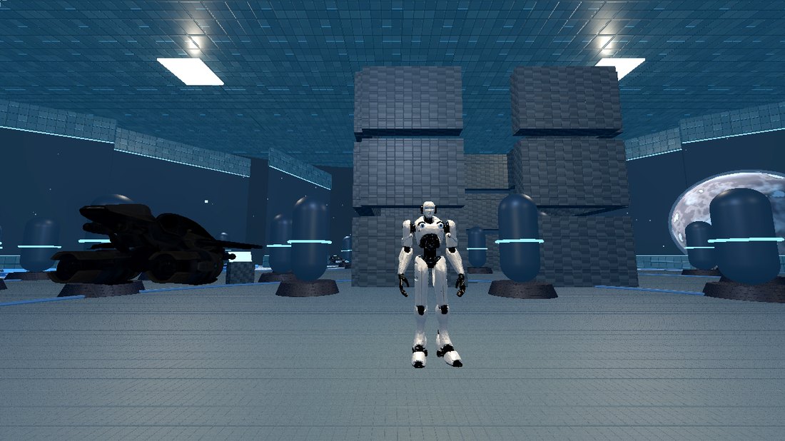 the live on-foot walk — a forged body standing on a lit hangar deck beside a parked craft